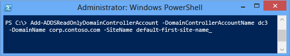 Capture d’écran de la fenêtre PowerShell montrant la cmdlet Add-addsreadonlydomaincontrolleraccount.