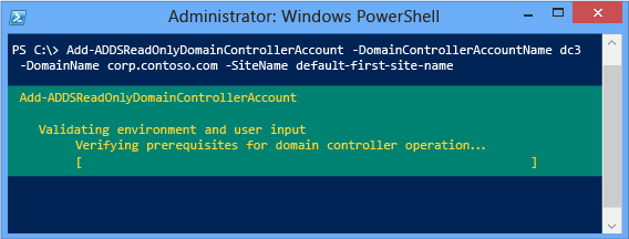 Capture d’écran de la fenêtre PowerShell montrant les résultats de la cmdlet Add-addsreadonlydomaincontrolleraccount.