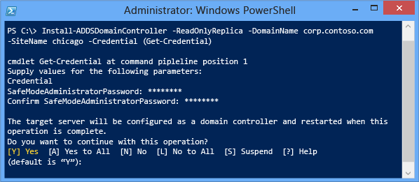 Capture d’écran de la fenêtre PowerShell montrant le résultat de la cmdlet Install-addsdomaincontroller sans déploiement intermédiaire.