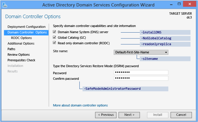 Capture d’écran de la page Options du contrôleur de domaine de l’Assistant Configuration Active Directory Domain Services sans déploiement intermédiaire.