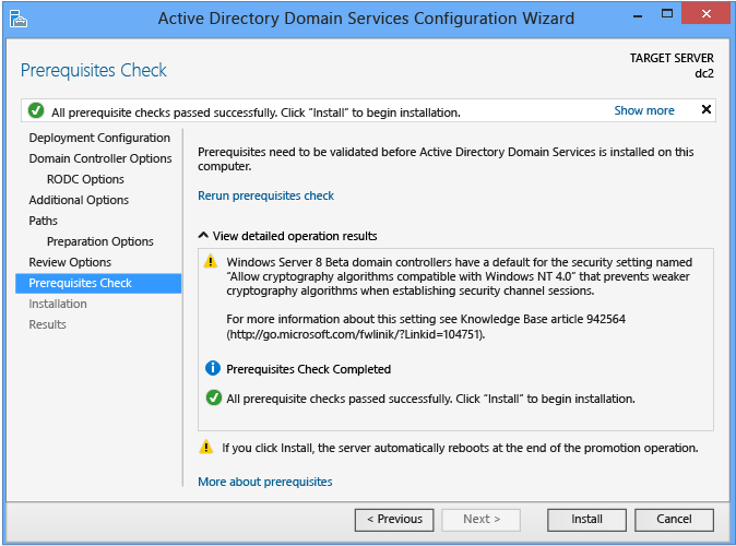 Capture d’écran de la page Vérification des prérequis de l’Assistant Configuration Active Directory Domain Services sans déploiement intermédiaire.