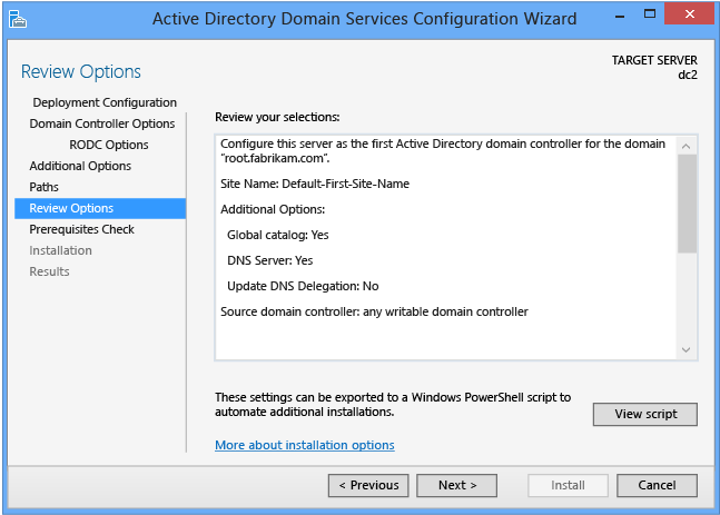 Capture d’écran de la page Examiner les options de l’Assistant Configuration Active Directory Domain Services sans déploiement intermédiaire.