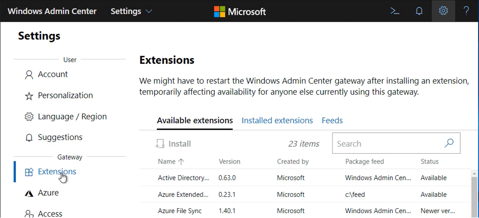 Capture d’écran montrant l’onglet Extensions disponibles dans Paramètres