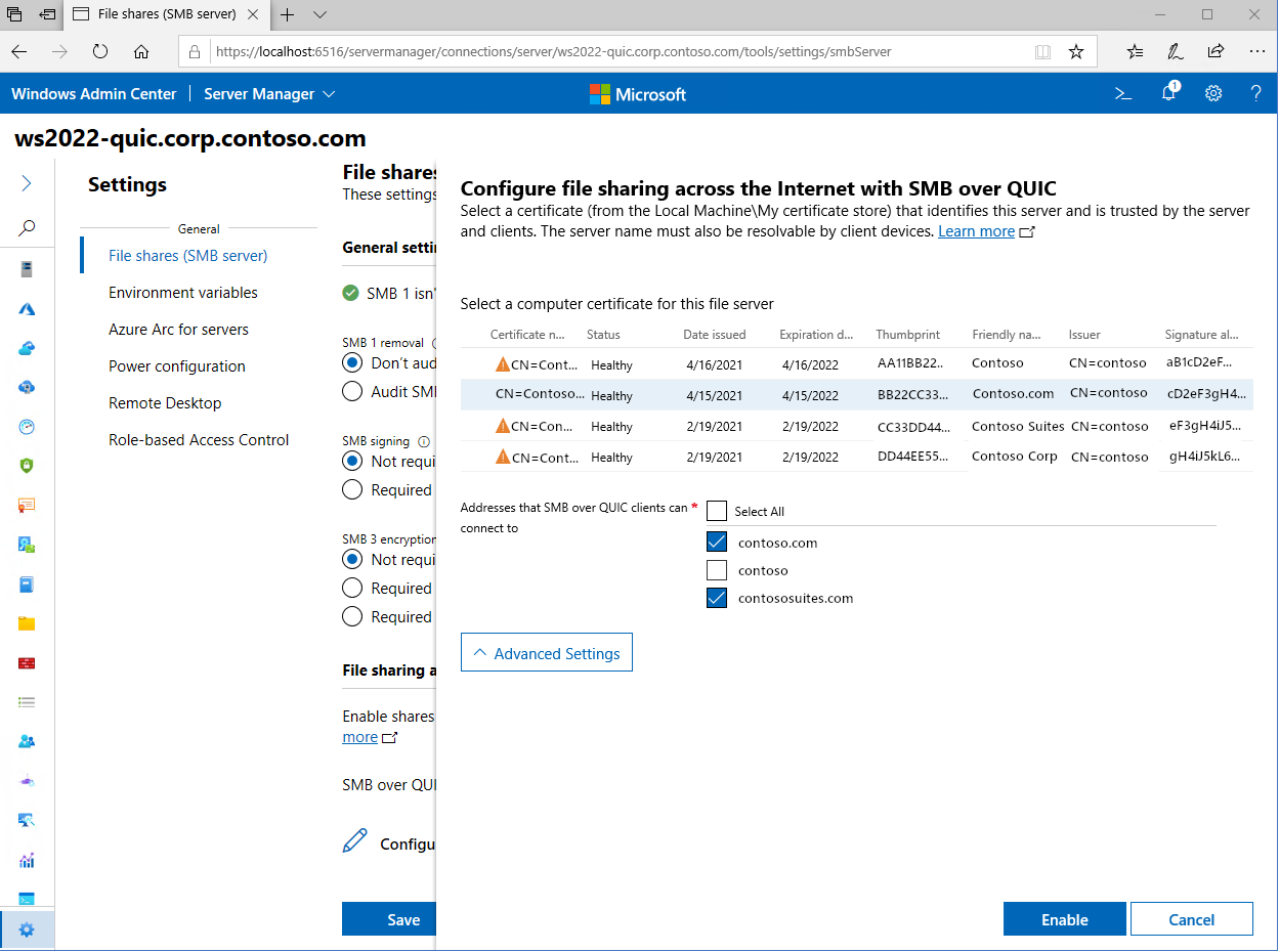 Une image montrant tous les certificats disponibles pour le paramétrage SMB sur QUIC configuré dans Windows Admin Center.