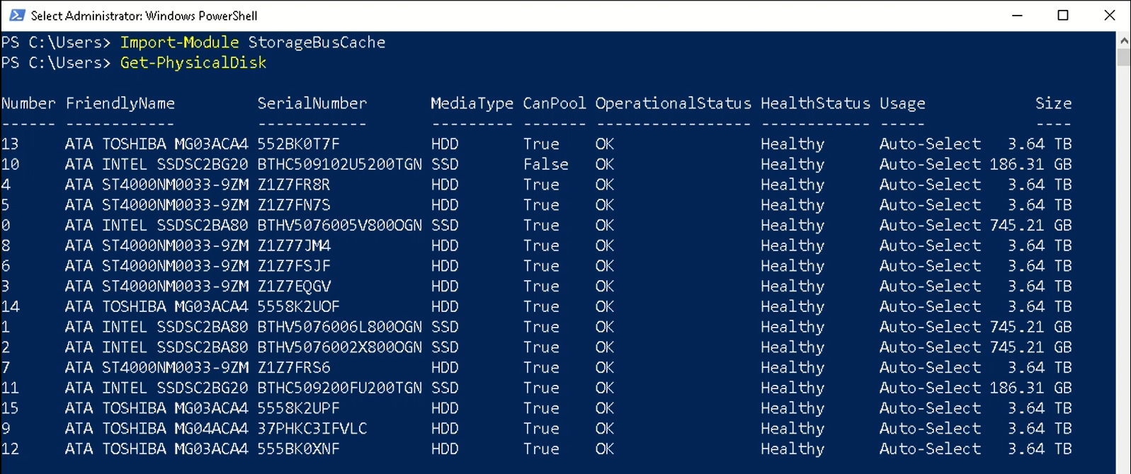 Capture d’écran montrant le résultat de Get-PhysicalDisk avant d’activer le cache de bus de stockage.
