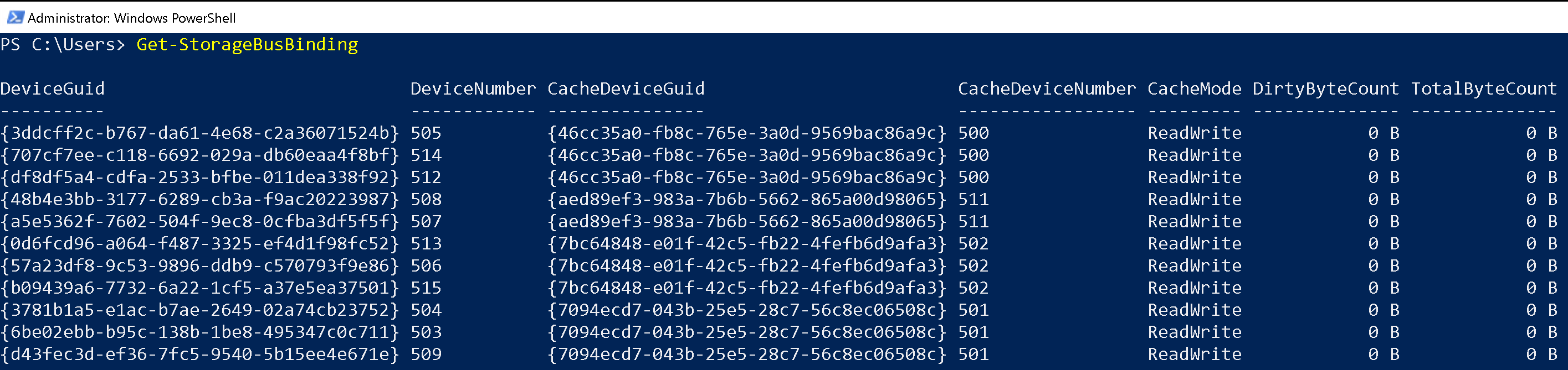 Capture d’écran montrant la sortie de Get-StorageBusBinding.