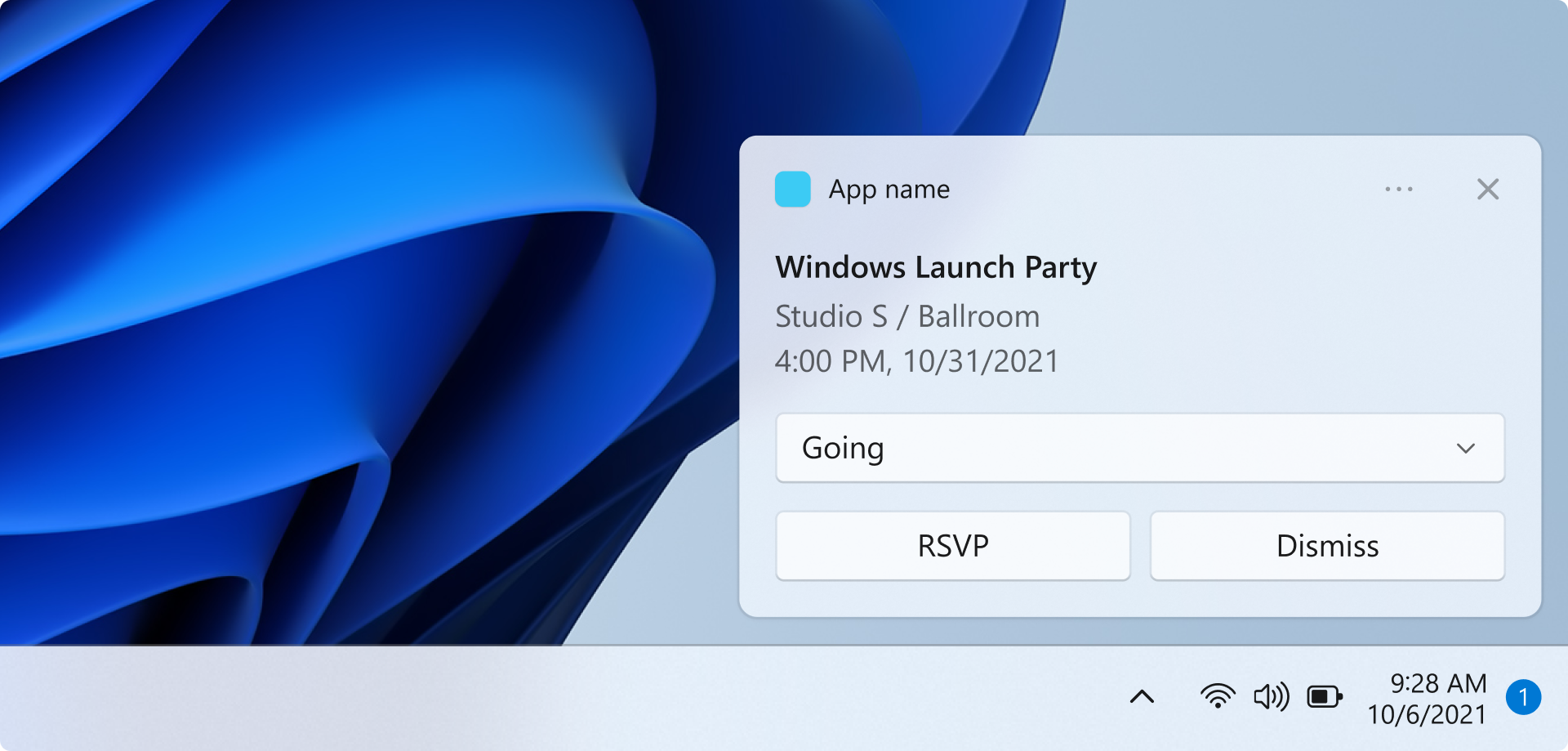 Capture d’écran montrant une notification toast au-dessus de la barre des tâches. La notification est un rappel pour un événement. Le nom de l’application, le nom de l’événement, l’heure de l’événement et l’emplacement de l’événement sont affichés. Une entrée de sélection affiche la valeur actuellement sélectionnée, « Going ». Il existe deux boutons intitulés « RSVP » et « Ignorer »