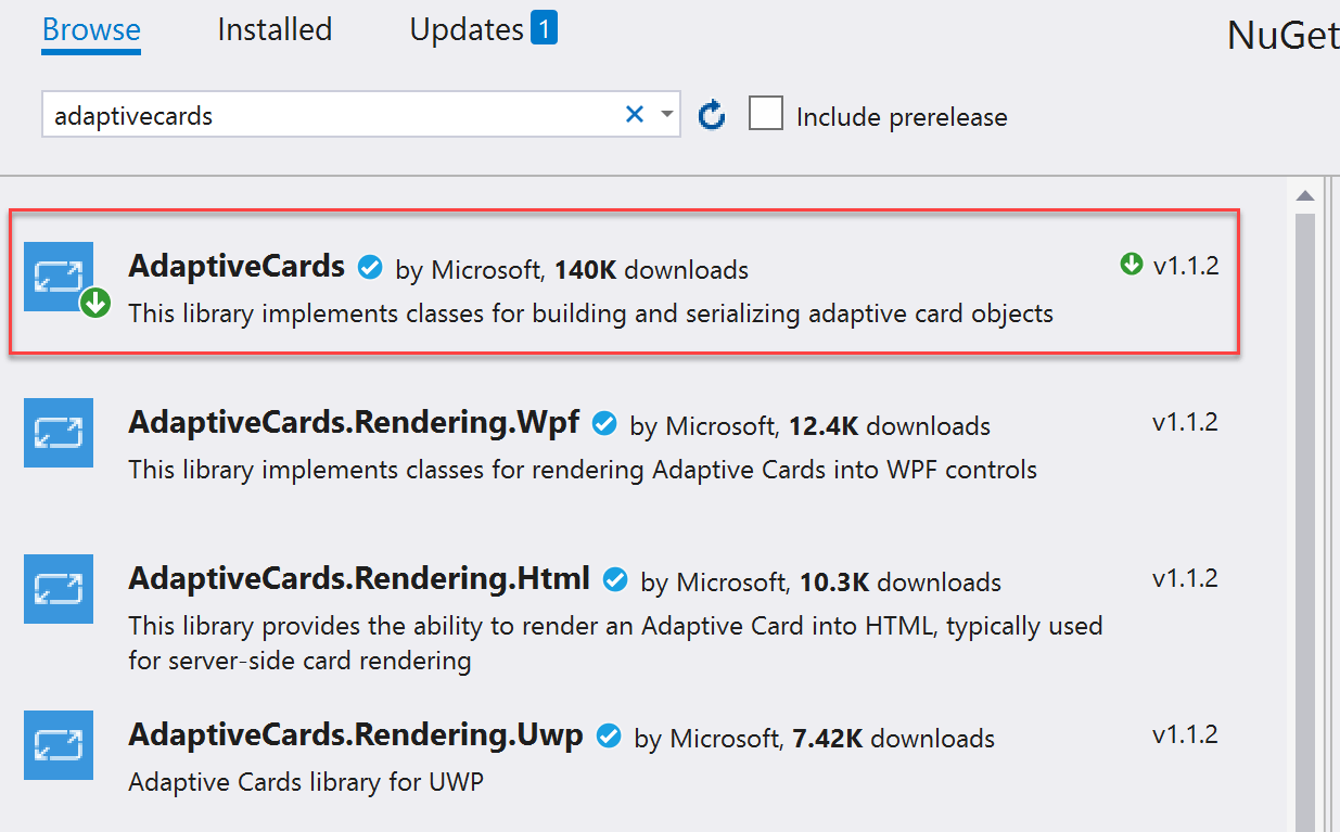 Package NuGet des cartes adaptatives