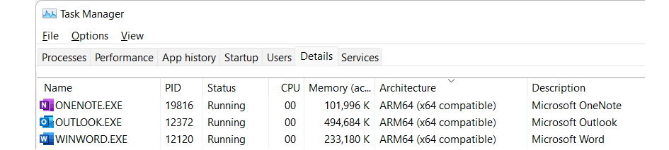 Capture d’écran du Gestionnaire de tâches montrant ARM64 (compatible x64) dans les détails de l’architecture.