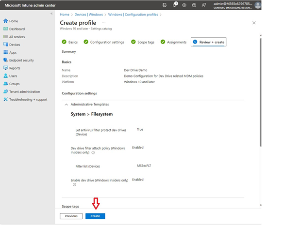 Capture d’écran de l’étape finale de configuration du profil dans le centre d’administration Microsoft Intune (Examiner et créer)