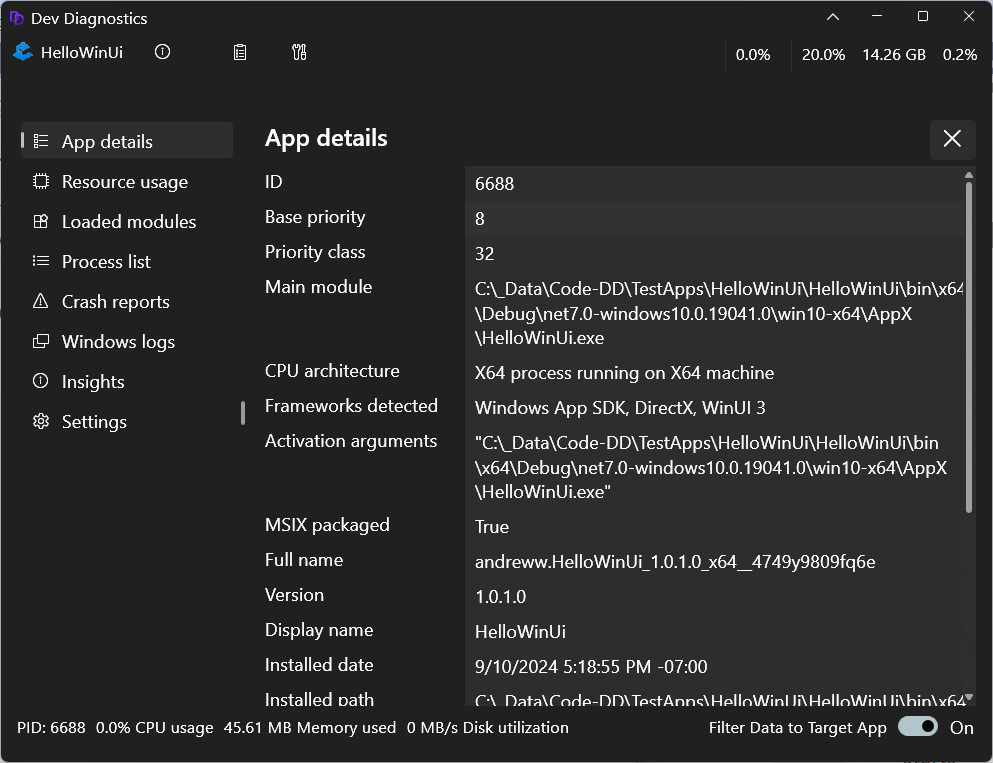 Screenshot of Dev Home Dev Diagnostics App Details page.