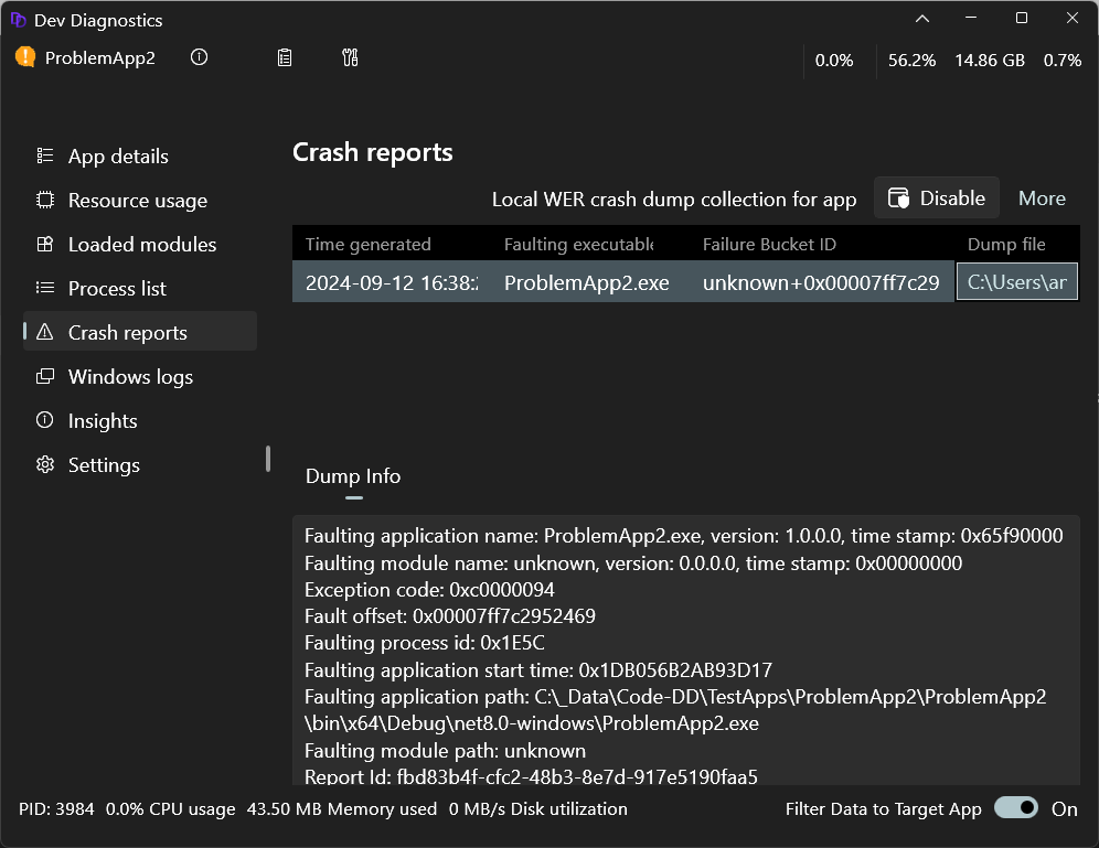 Screenshot of Dev Home Dev Diagnostics Crash reporets page.