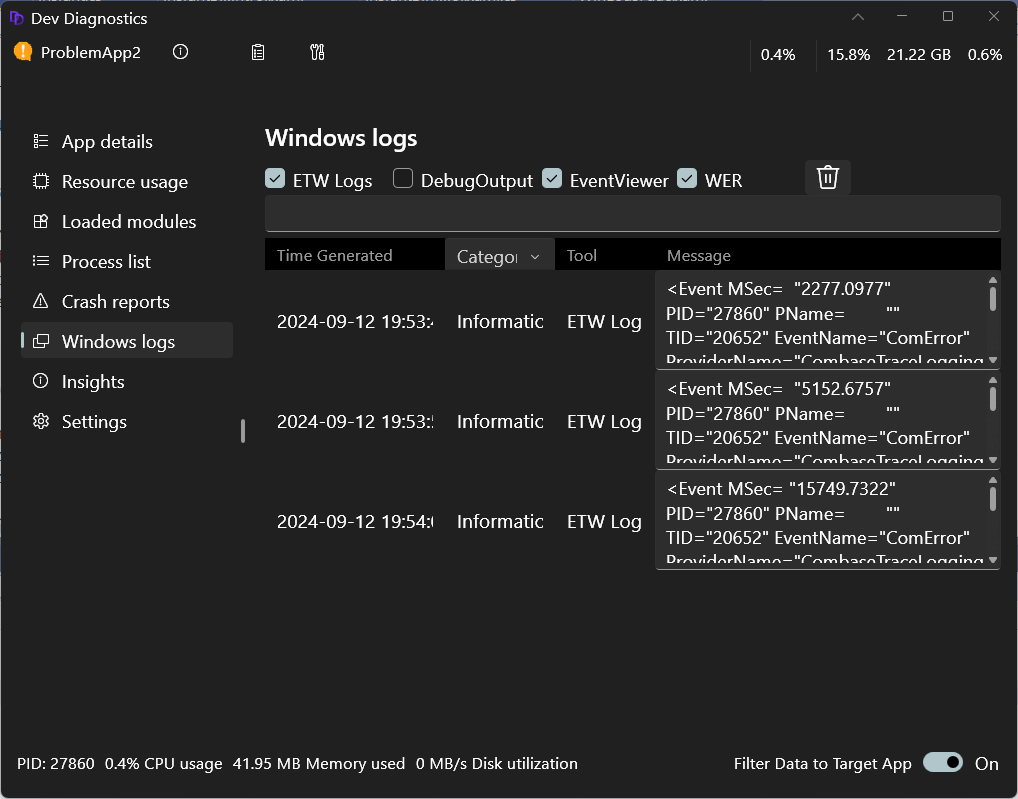 Screenshot of Dev Home Dev Diagnostics Windows logs page.