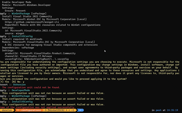 Capture d’écran d’un terminal PowerShell exécutant un fichier Configuration WinGet avec l’assertion OSVersion et les ressources dépendantes en échec.