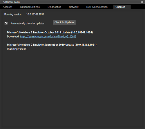 Onglet « Mises à jour » de l’émulateur HoloLens