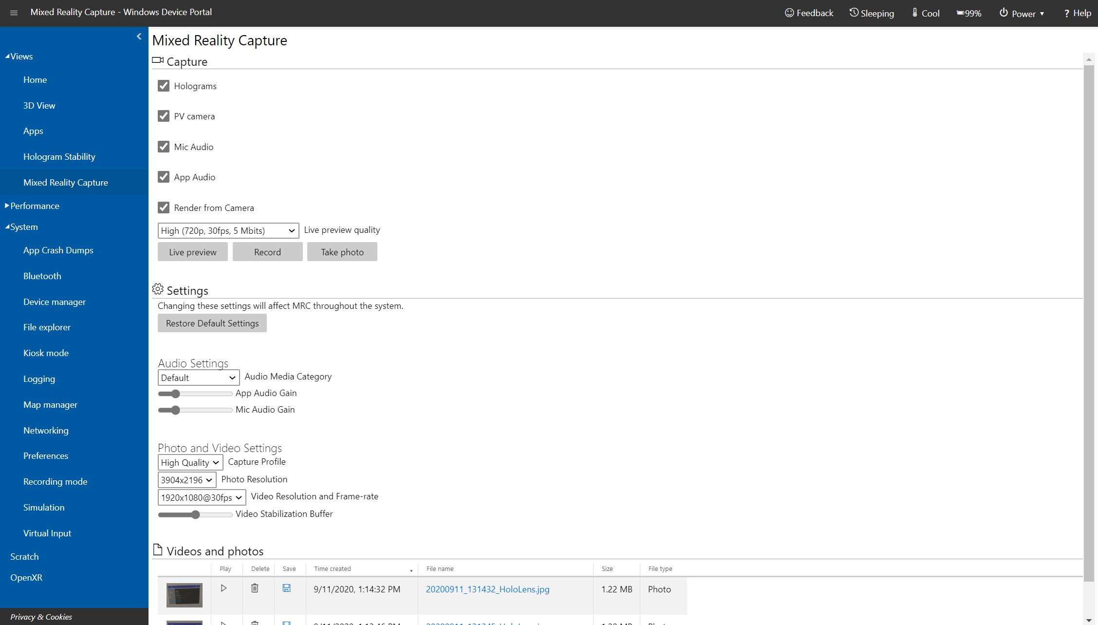 Page Capture de Réalité Mixte dans le portail d’appareil Windows sur Microsoft HoloLens