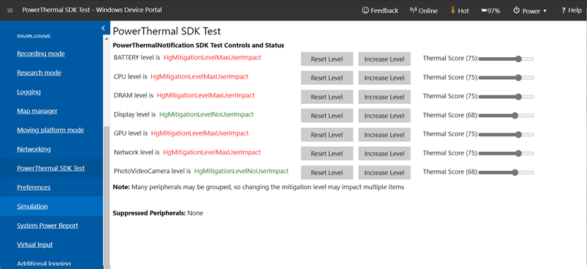 Page de test PowerThermalSDK dans le portail d’appareil Windows sur Microsoft HoloLens