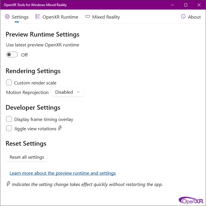 Outils OpenXR pour Windows Mixed Reality’onglet Paramètres de l’application