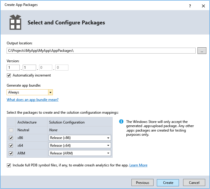 Fenêtre Créer des packages d’application avec la configuration du package affichée