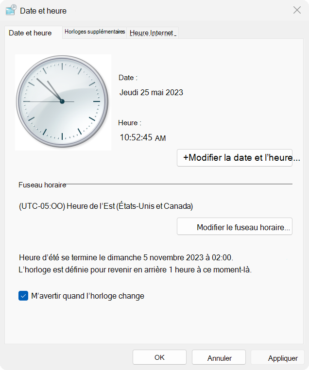 Capture d’écran montrant l’icône de bouclier UAC dans propriétés de date et d’heure.