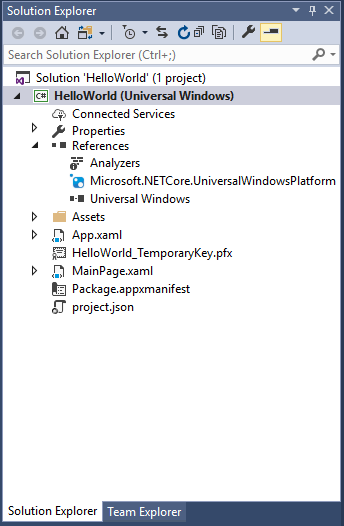 Capture d’écran du panneau Explorateur de solutions, avec l’application Hello World (Windows universel) mise en évidence.