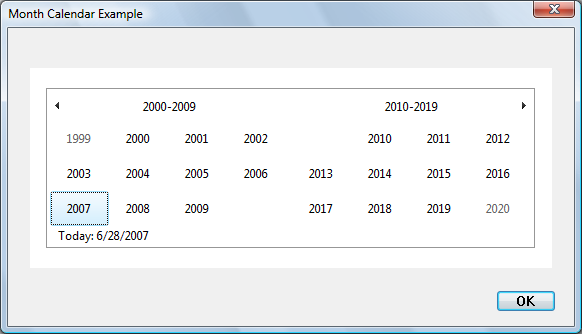 capture d’écran d’un contrôle calendrier de mois montrant toutes les années de 1999 à 2020