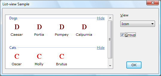 capture d’écran d’un contrôle d’affichage de liste, avec des chiens dans un groupe et des chats dans un autre groupe