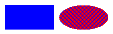 illustration montrant un rectangle bleu et une ellipse magenta remplie d’un motif de trappe bleue