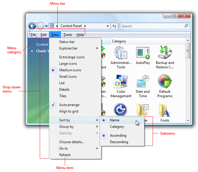 capture d’écran de la barre de menus avec menu et sous-menu 