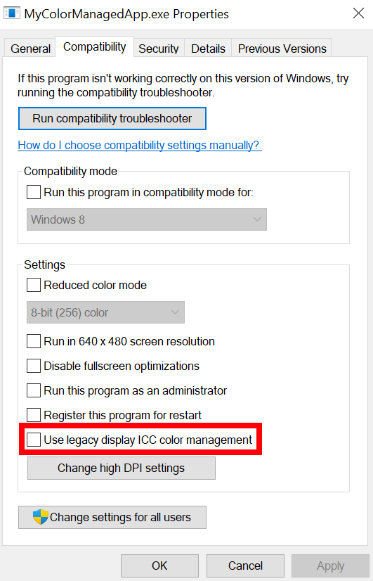 Interface utilisateur permettant d’activer l’assistance de compatibilité ICC d’affichage pour un exécutable