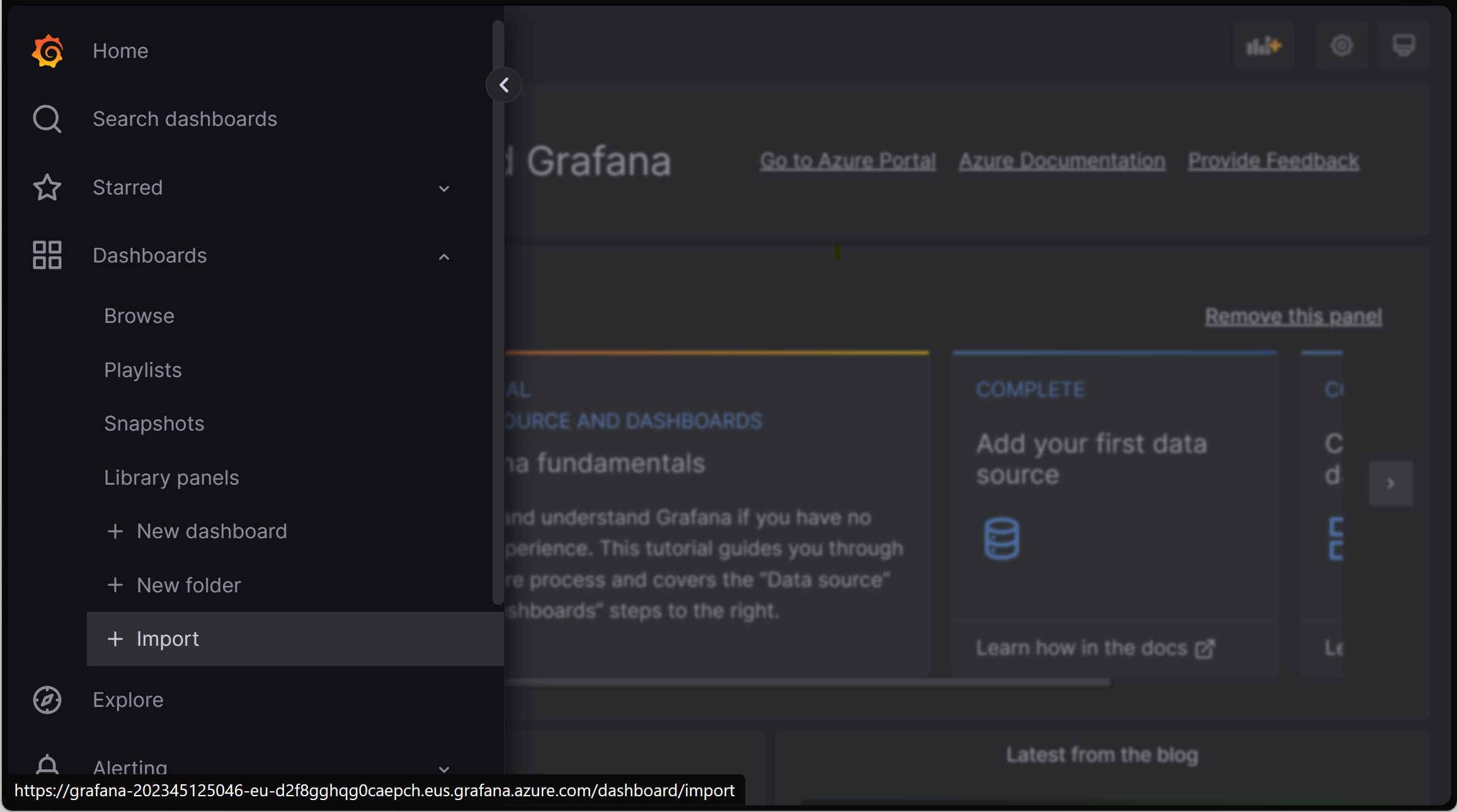 Screenshot di un browser che mostra l'istanza di Grafana con il dashboard di importazione evidenziato.