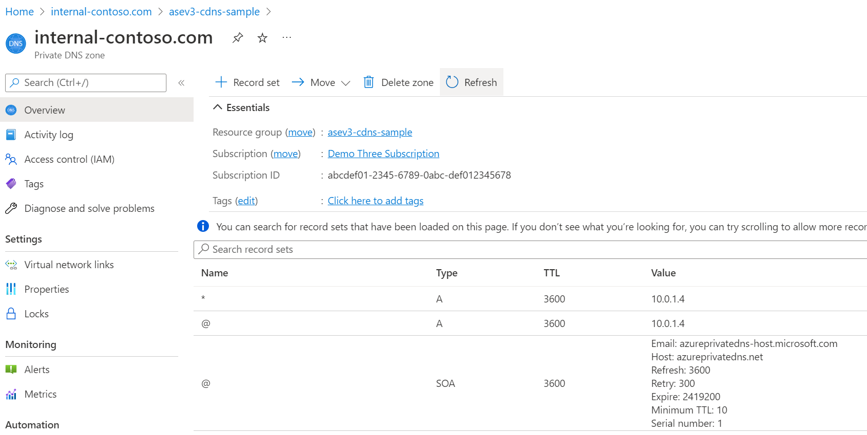 Screenshot di una configurazione DNS di esempio per il suffisso di dominio personalizzato.