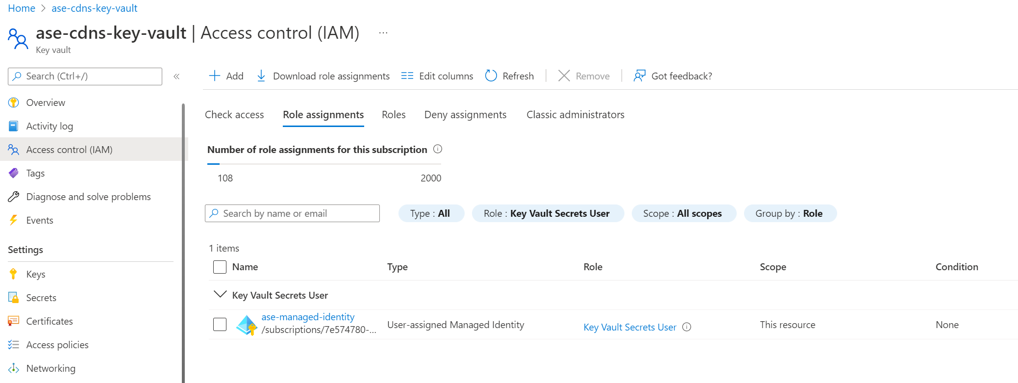 Screenshot di un esempio di controllo degli accessi in base al ruolo dell'insieme di credenziali delle chiavi per l'identità gestita.