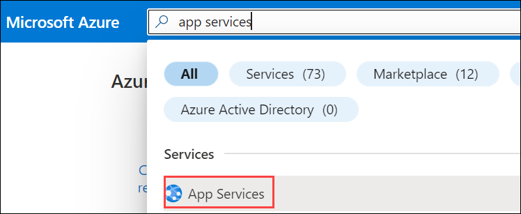 Screenshot della ricerca di 'servizi app' nel portale di Azure.