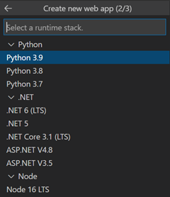 Screenshot della finestra di dialogo in VS Code usata per selezionare lo stack di runtime per la nuova app Web.