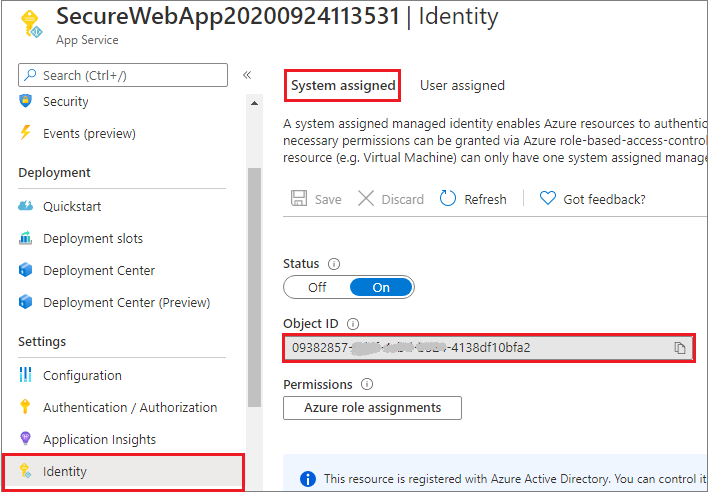 Screenshot that shows the system-assigned identity.