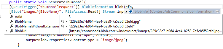 Oggetto blobInfo nel debugger