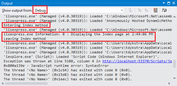 Visualizzazione dell'output di traccia nella finestra Debug