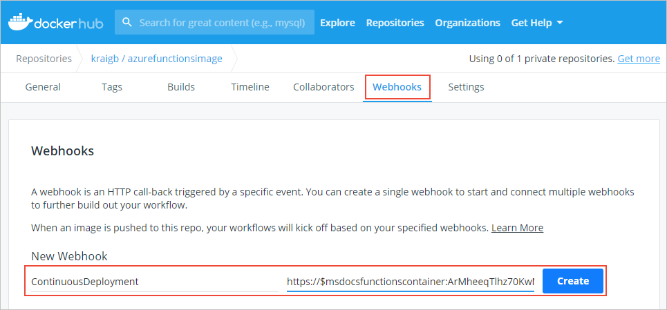 Screenshot che mostra come aggiungere il webhook nella finestra dell'hub Docker.