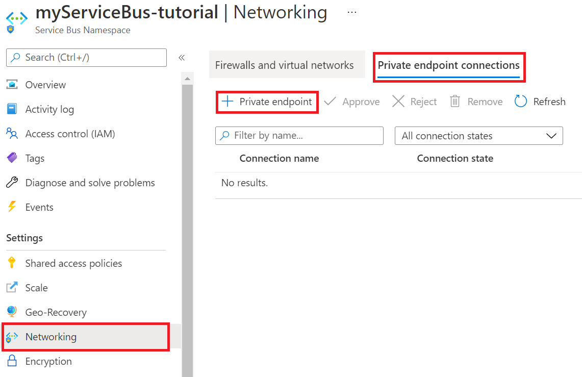 Screenshot di come passare agli endpoint privati per il bus di servizio.