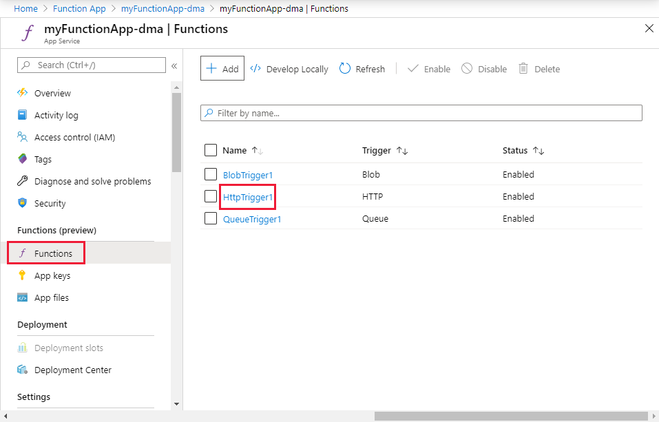 Selezionare la funzione HTTP nel portale di Azure.