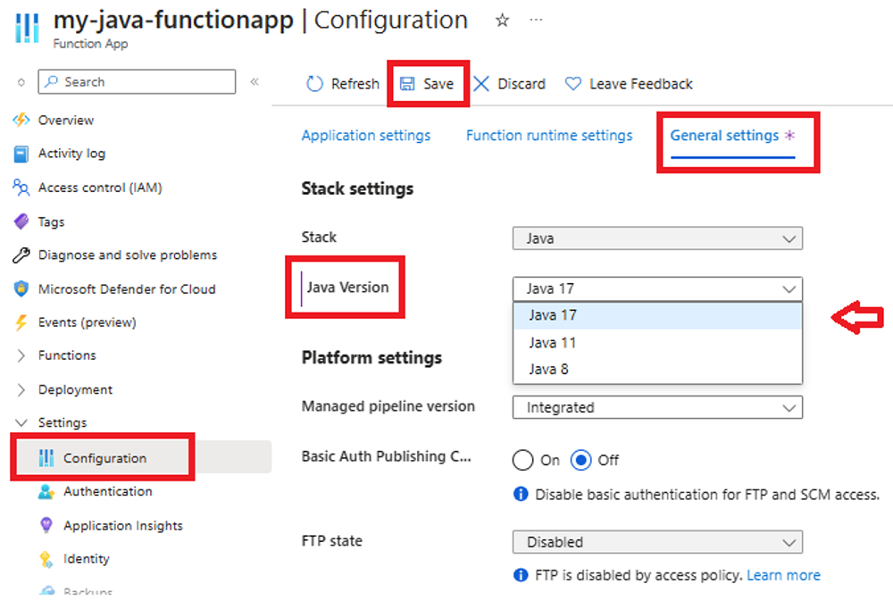 Screenshot del modo in cui impostare la versione Java desiderata per un'app per le funzioni nel portale di Azure.