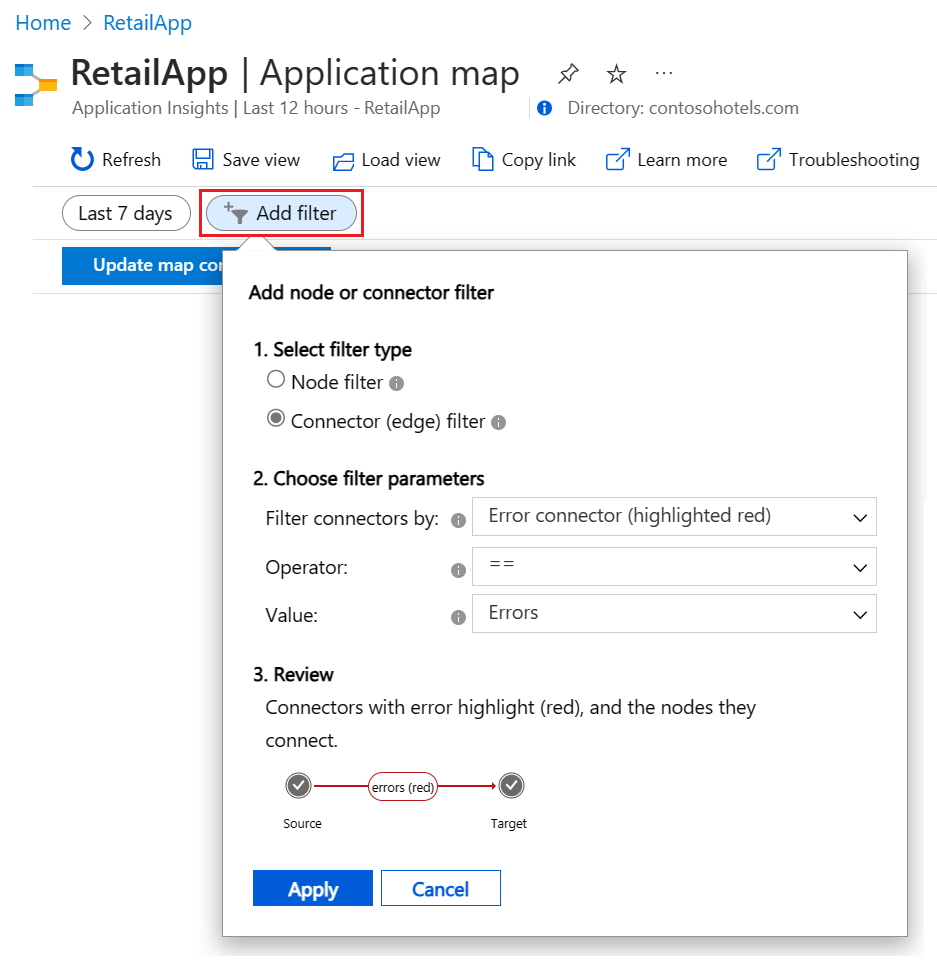 Screenshot che mostra come aprire l'opzione Aggiungi filtro nella Mappa delle applicazioni.