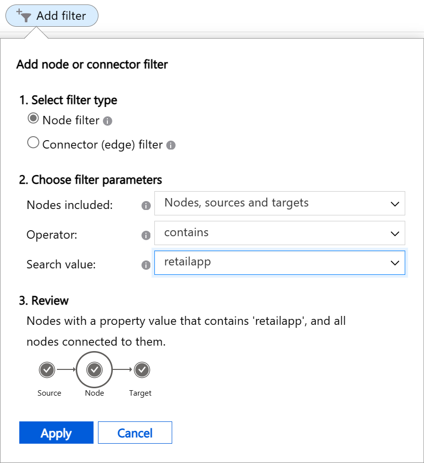 Screenshot che mostra come configurare un filtro del nodo in modo che corrisponda al testo 