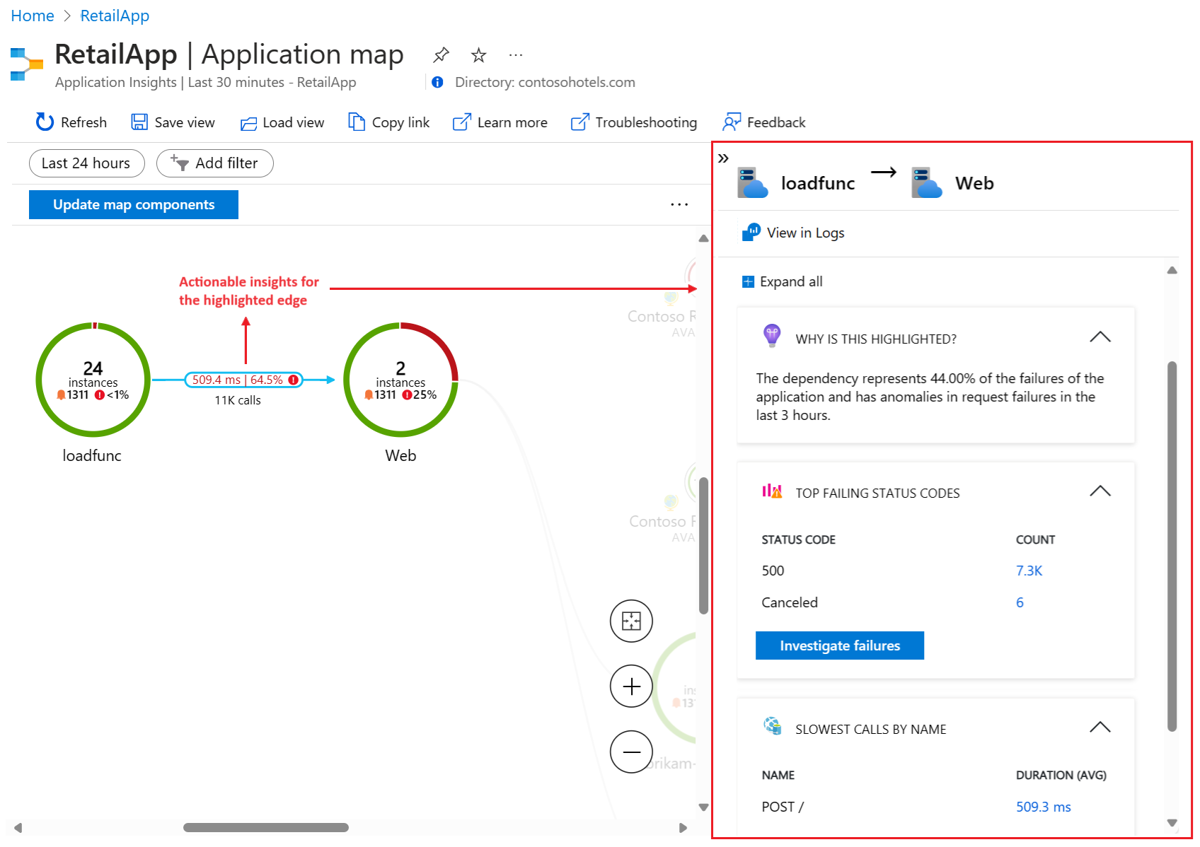 Screenshot che mostra le informazioni dettagliate interattive per il bordo selezionato nella mappa delle applicazioni.