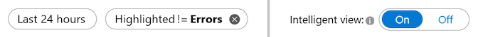 Screenshot dei filtri per visualizzare solo gli errori evidenziati in rosso nelle ultime 24 ore e la Vista intelligente è abilitata.