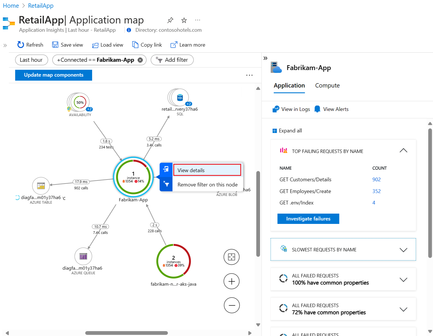 Screenshot che mostra come visualizzare i dettagli per un nodo selezionato in una mappa delle applicazioni.