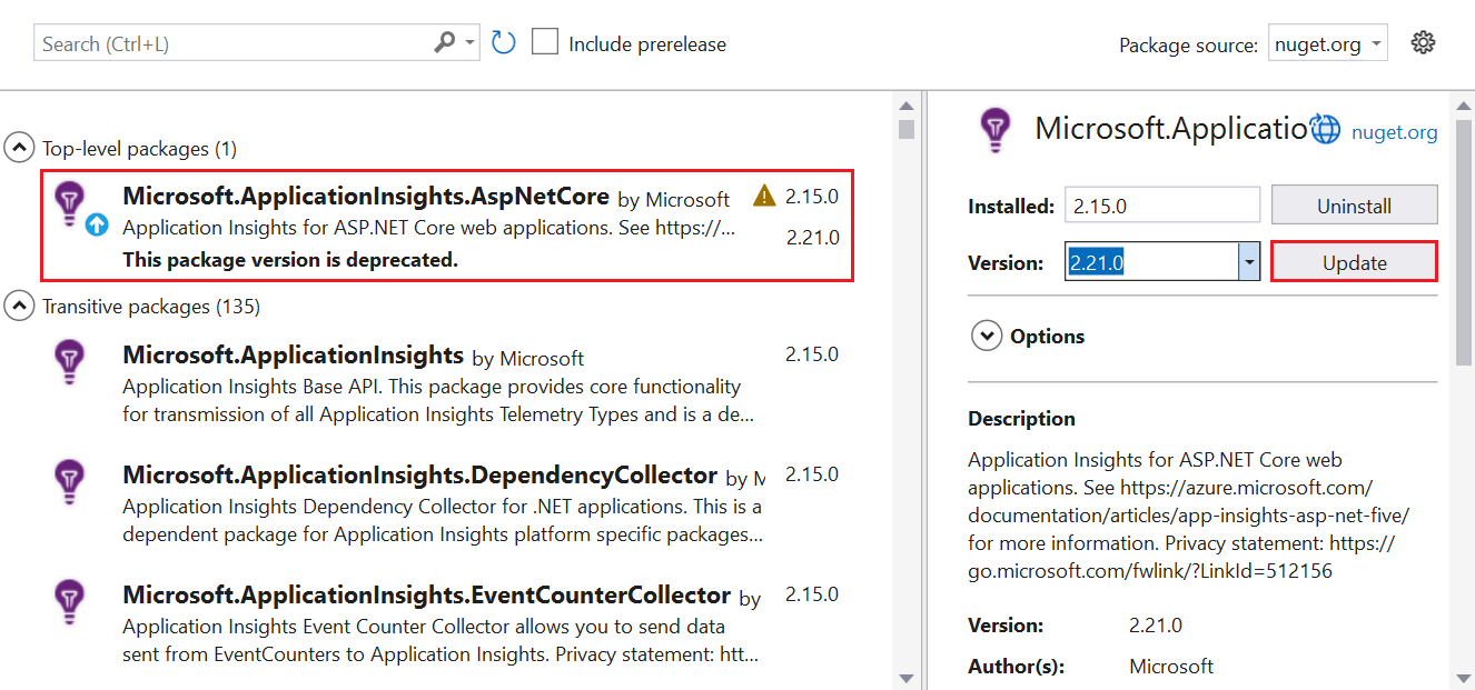 Screenshot che mostra dove selezionare il pacchetto di Application Insights per l'aggiornamento.