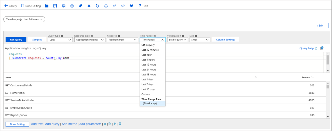 Screenshot that shows a time range parameter referenced via bindings.