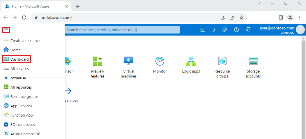 Screenshot of the Azure portal with Dashboard selected.